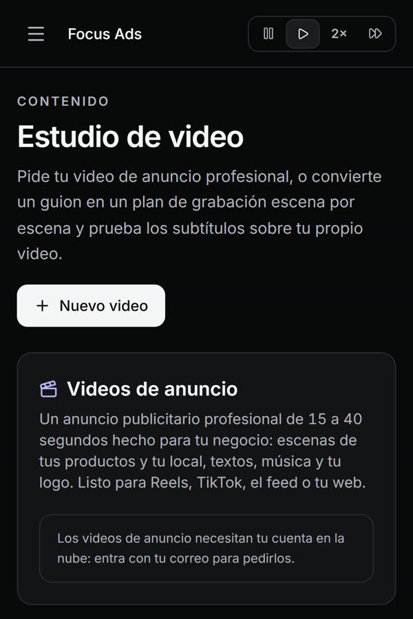 Pantalla de Focus Ads: Videos de anuncio
